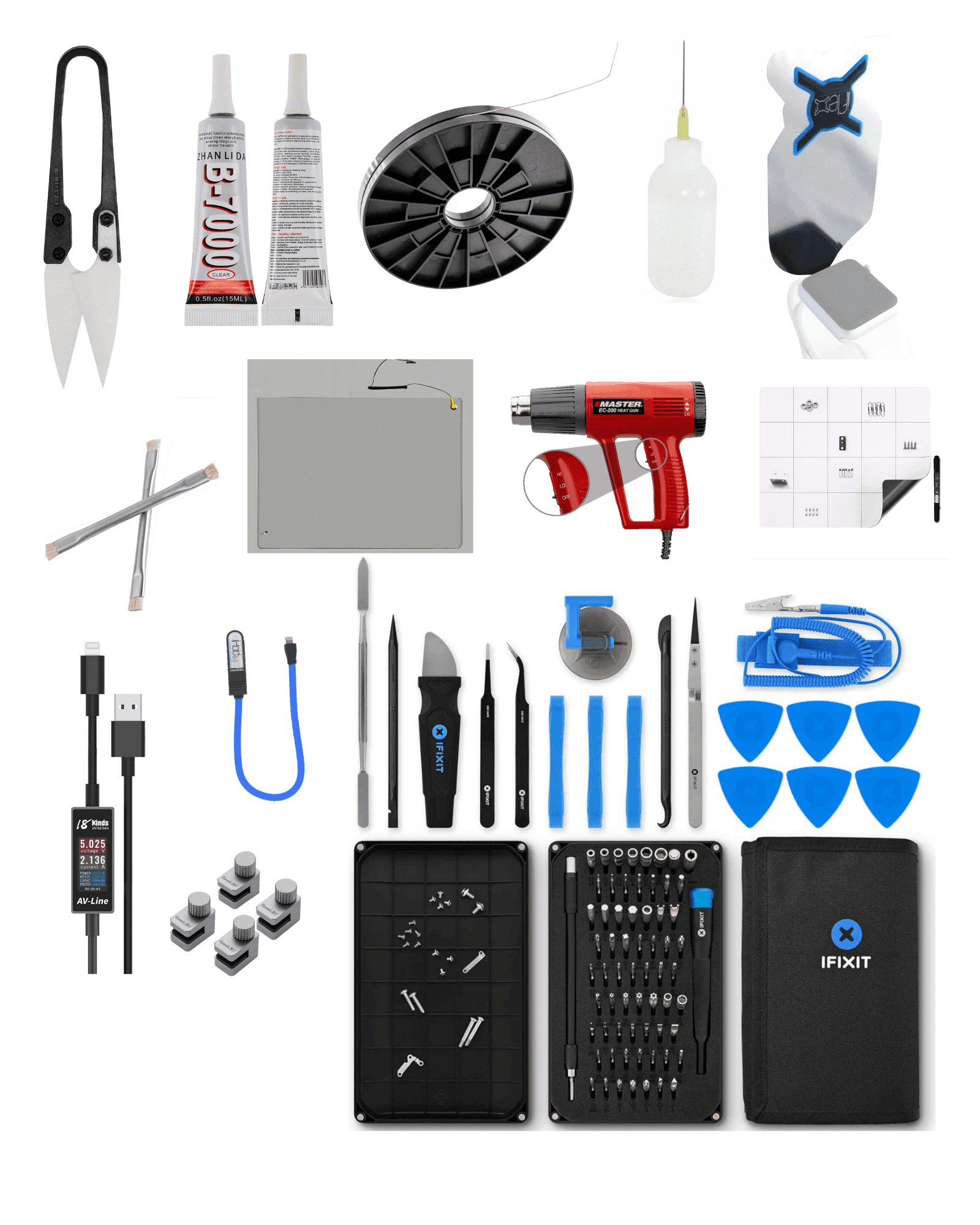 Complete Home Bench Kit with Pro Tech Toolkit, heat gun, anti-static mat, magnetic project mat, screen clamps, opening tools and bench supplies