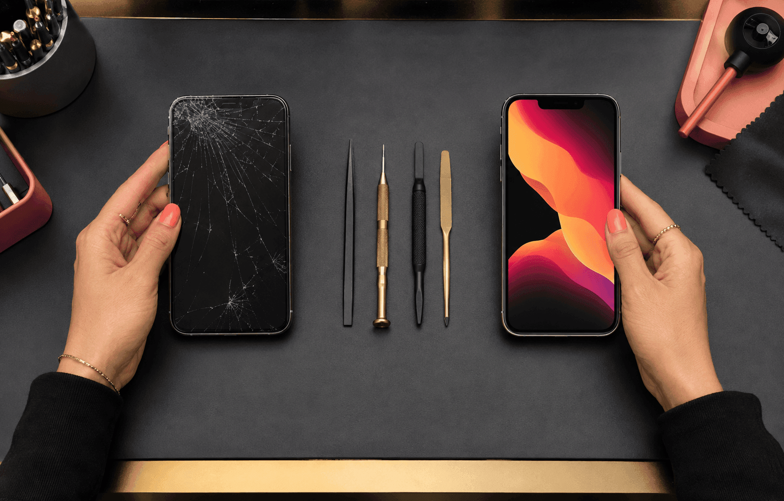 Cracked phone beside a working replacement phone showing repair or replacement options